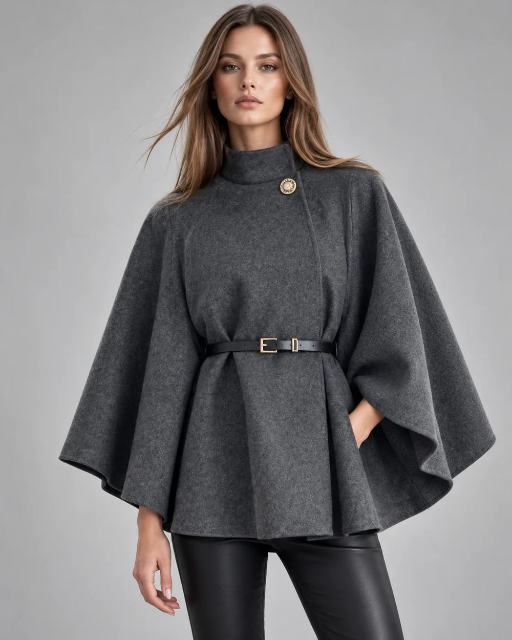 Pull cape à col montant ceinturé – Gris foncé