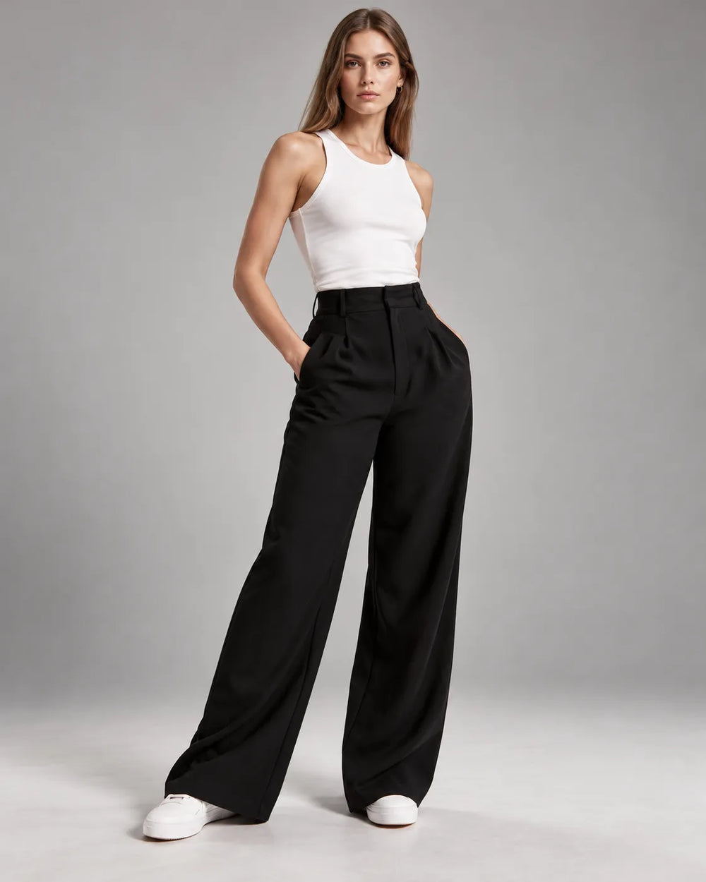 Pantalon large taille haute à pinces Victoria – Noir