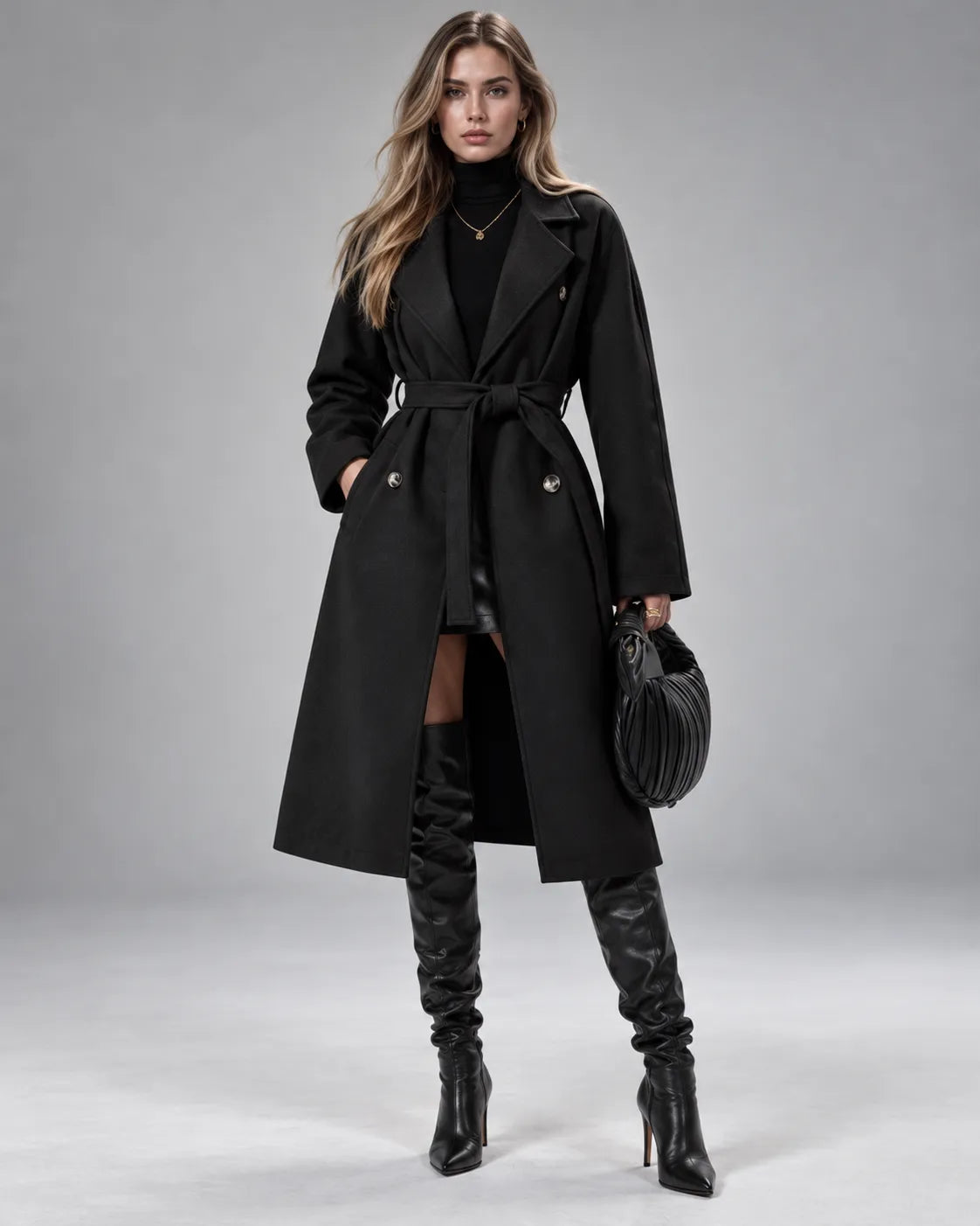 Manteau long ceinturé Victoria – Noir ceinture nouée
