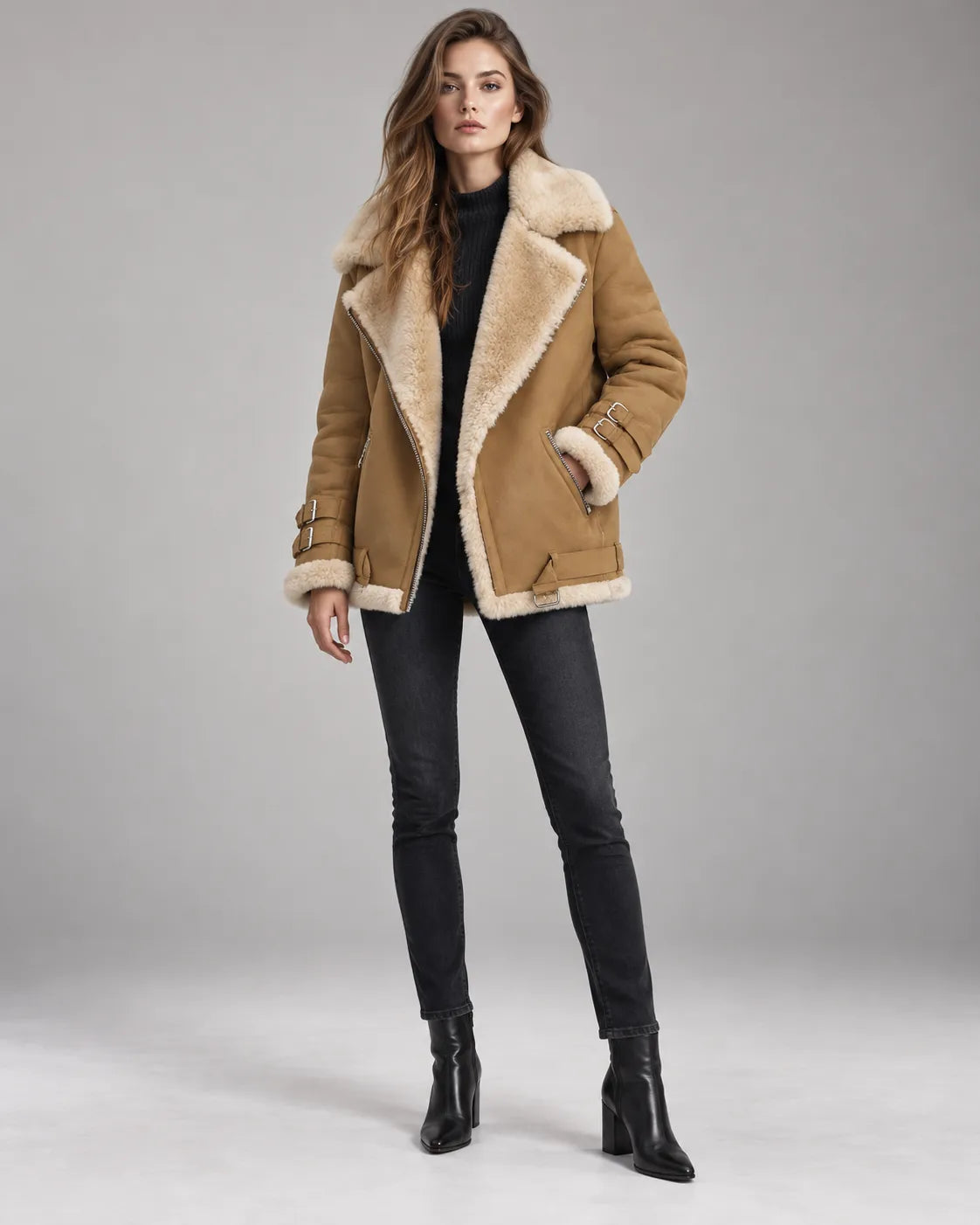 Blouson aviateur col fourrure Valentine – Camel