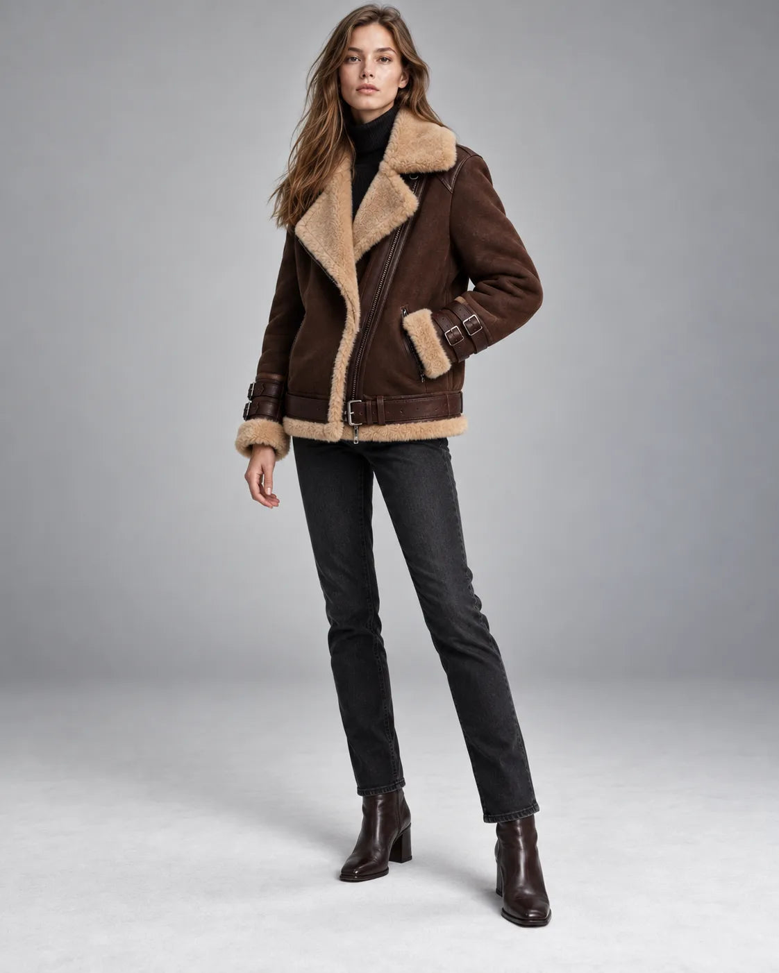 Blouson aviateur col fourrure Valentine – Chocolat