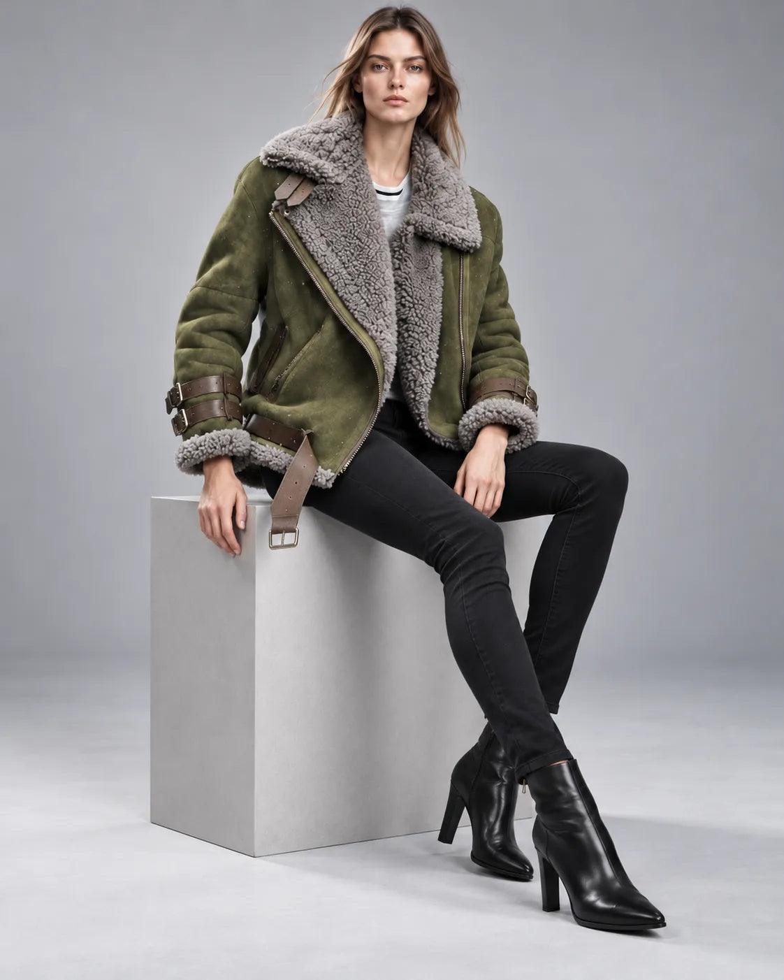 Blouson aviateur col fourrure Valentine – Vert kaki