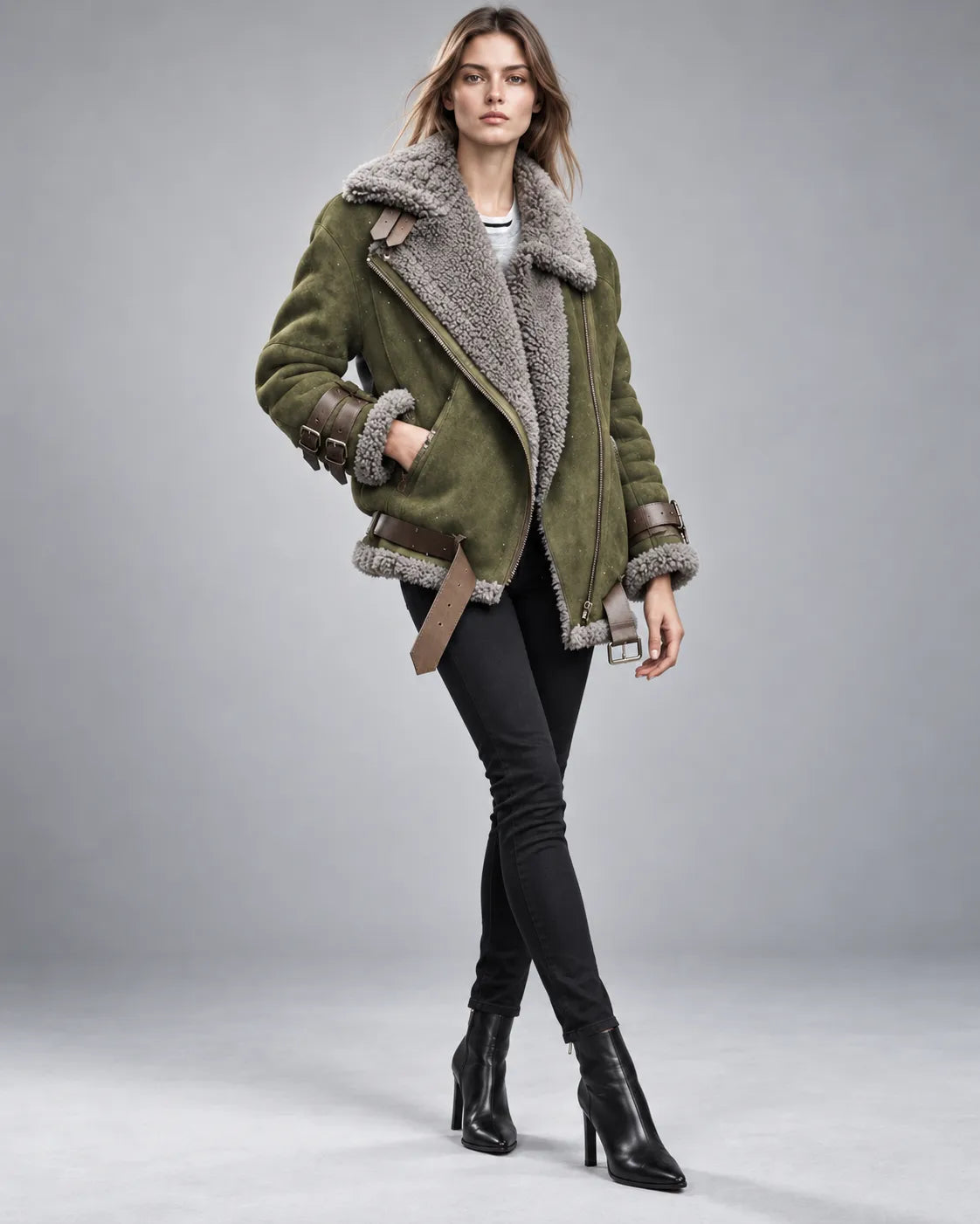 Blouson aviateur col fourrure Valentine – Vert kaki