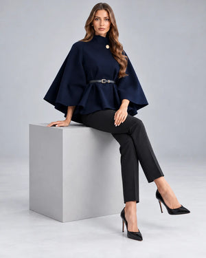Pull cape à col montant ceinturé – Bleu marine