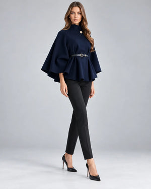 Pull cape à col montant ceinturé – Bleu marine