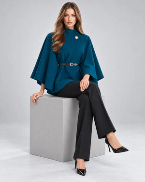 Pull cape à col montant ceinturé – Bleu pétrole