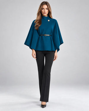 Pull cape à col montant ceinturé – Bleu pétrole