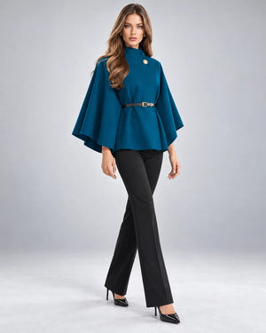 Pull cape à col montant ceinturé – Bleu pétrole