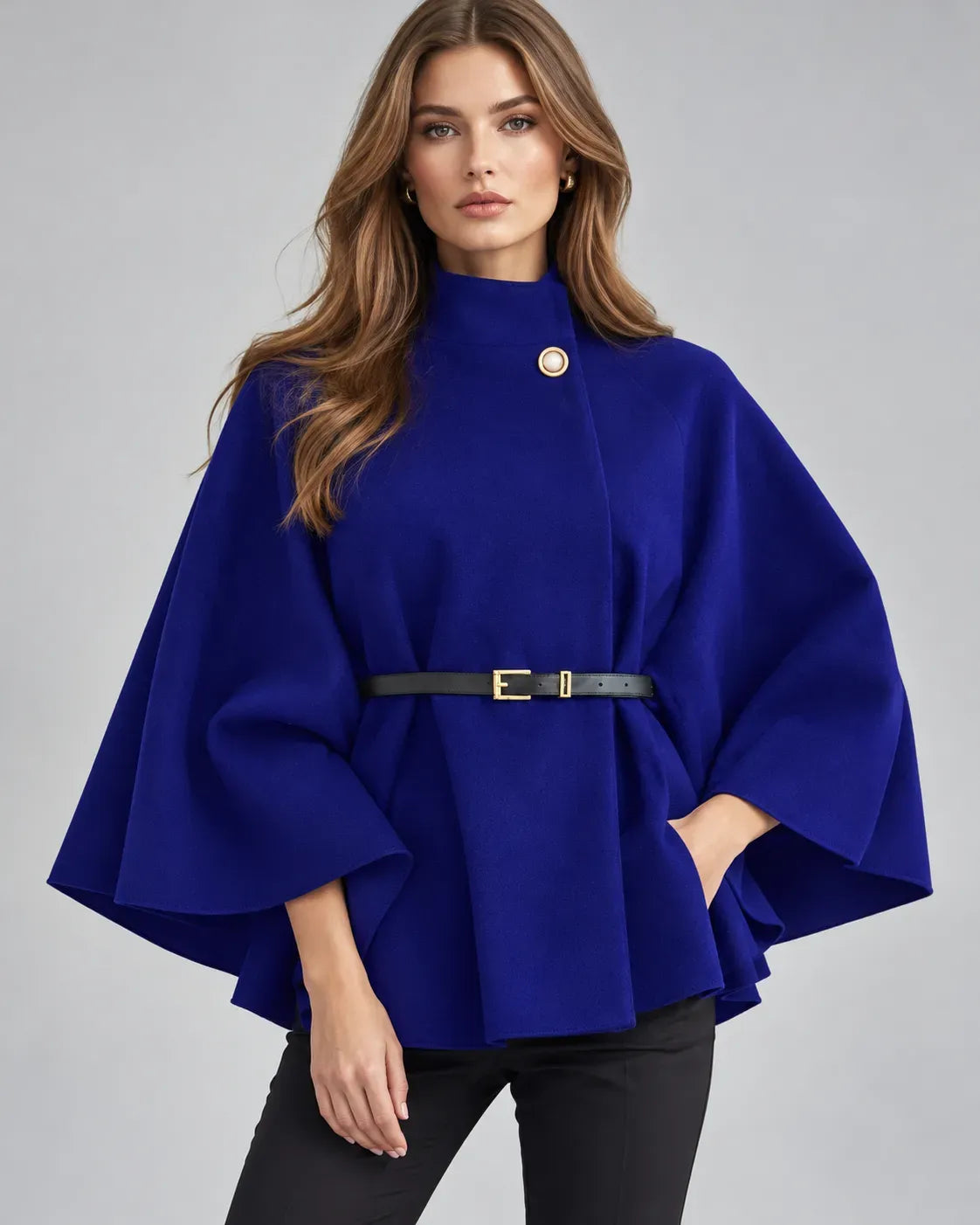 Pull cape à col montant ceinturé – Bleu roi
