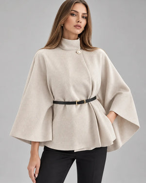 Pull cape à col montant ceinturé – Écru