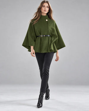 Pull cape à col montant ceinturé – Vert kaki