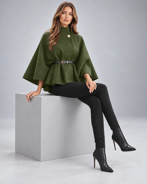 Pull cape à col montant ceinturé – Vert kaki
