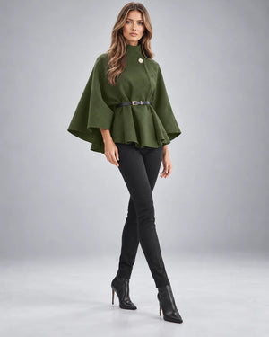 Pull cape à col montant ceinturé – Vert kaki