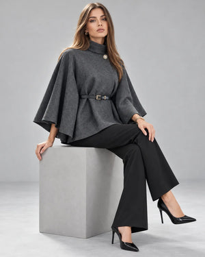Pull cape à col montant ceinturé – Gris foncé