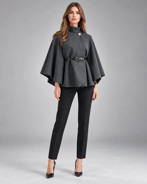 Pull cape à col montant ceinturé – Gris foncé