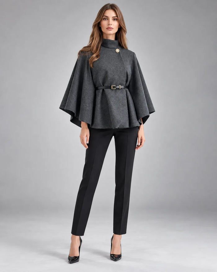 Pull cape à col montant ceinturé – Gris foncé