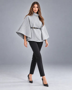 Pull cape à col montant ceinturé – Gris