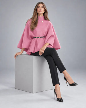 Pull cape à col montant ceinturé – Rose