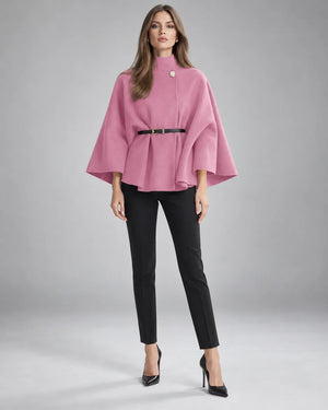Pull cape à col montant ceinturé – Rose