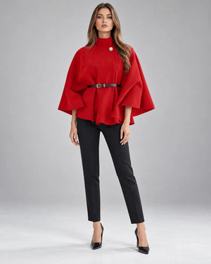 Pull cape à col montant ceinturé – Rouge