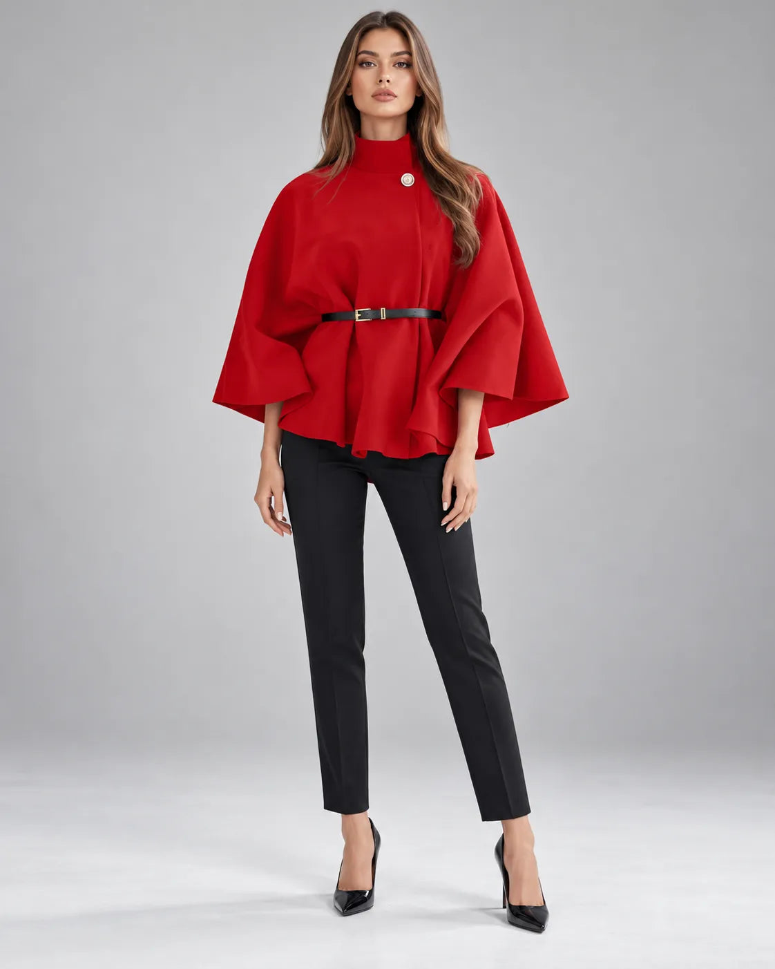 Pull cape à col montant ceinturé – Rouge