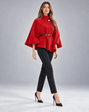 Pull cape à col montant ceinturé – Rouge