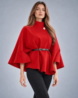 Pull cape à col montant ceinturé – Rouge