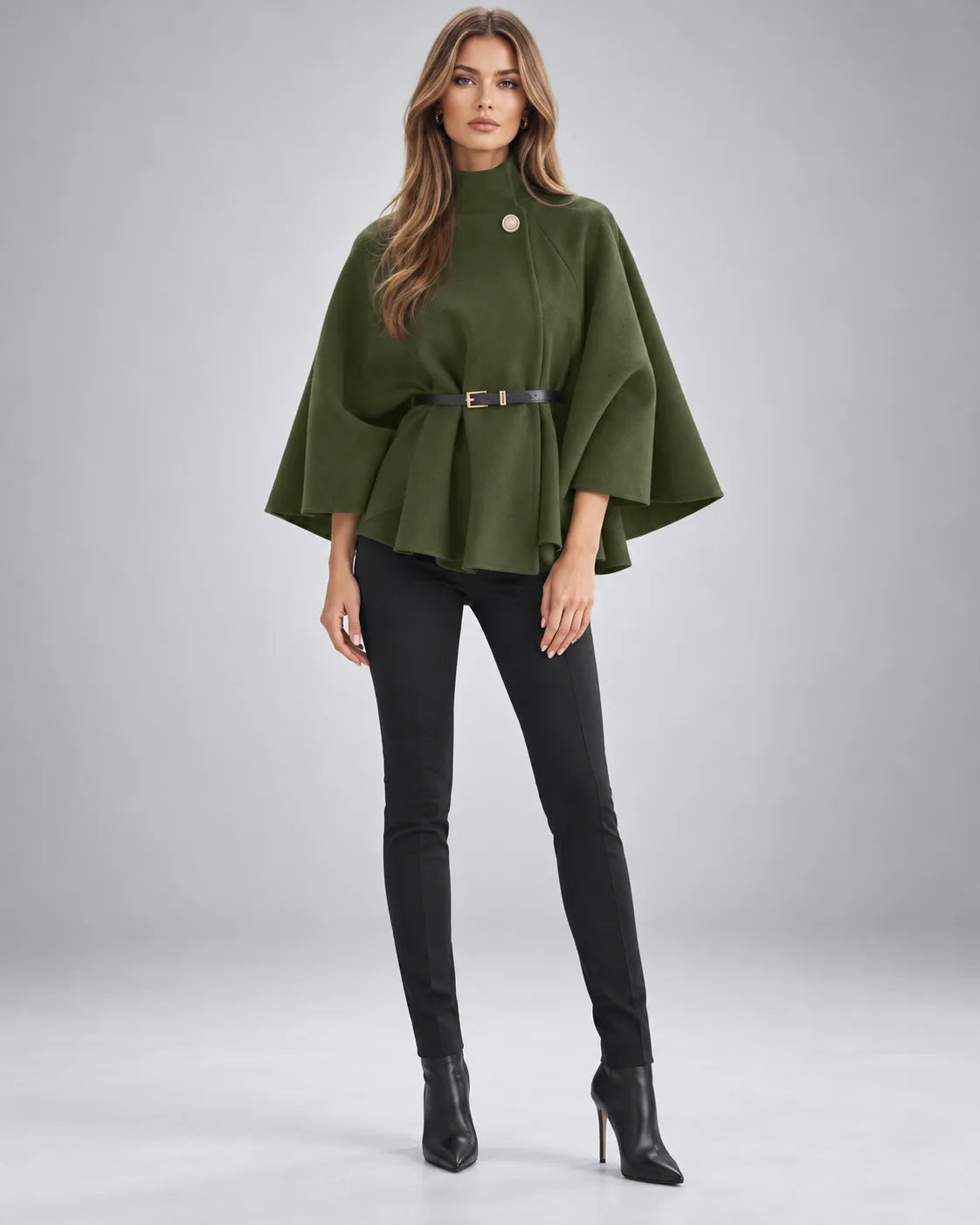 Pull cape à col montant ceinturé – Vert kaki