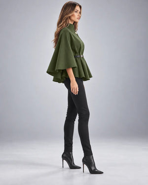 Pull cape à col montant ceinturé – Vert kaki