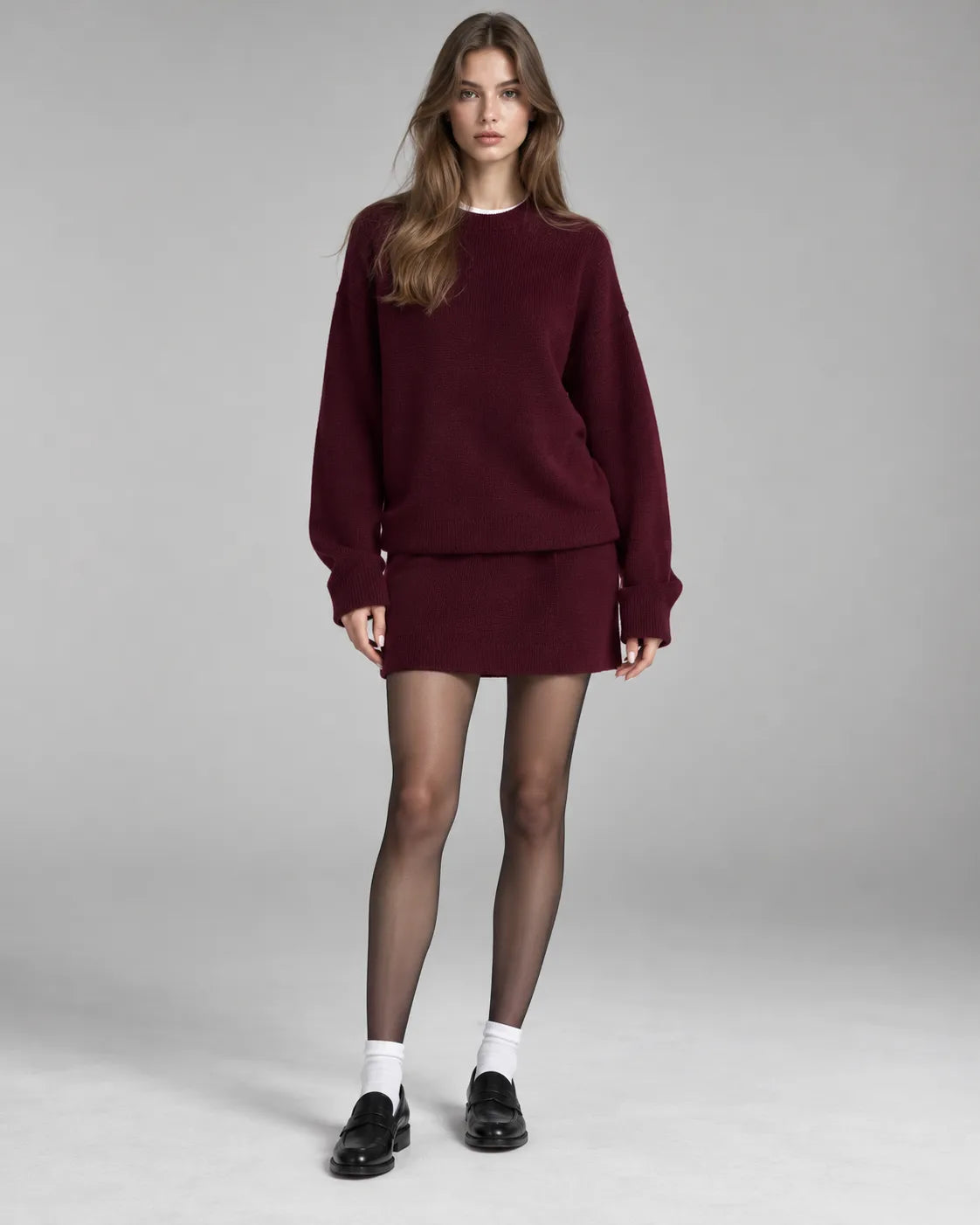 Ensemble pull oversize et jupe en maille Léna – Bordeaux