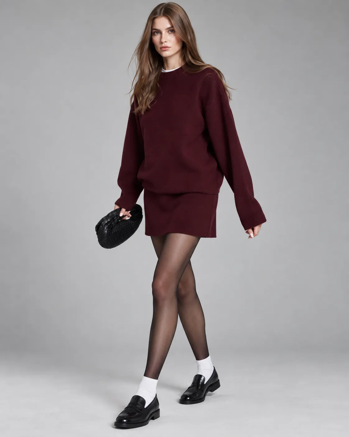 Ensemble pull oversize et jupe en maille Léna – Bordeaux