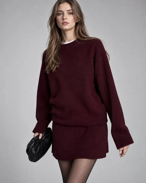 Ensemble pull oversize et jupe en maille Léna – Bordeaux