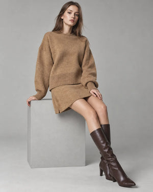 Ensemble pull oversize et jupe en maille Léna – Camel