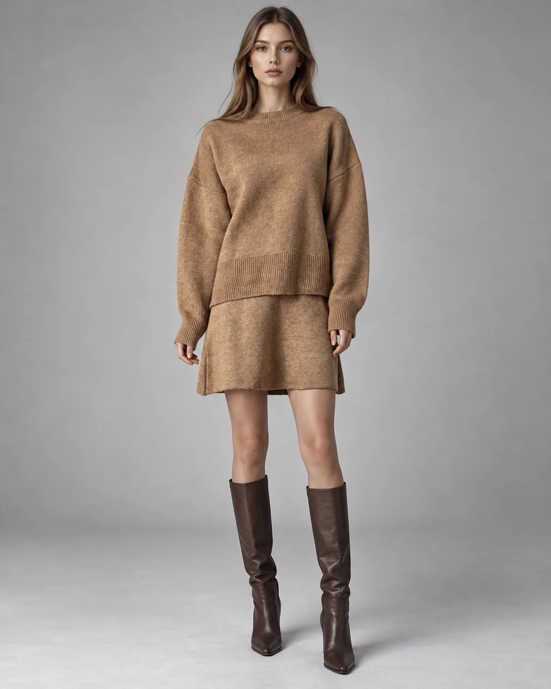 Ensemble pull oversize et jupe en maille Léna – Camel