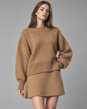 Ensemble pull oversize et jupe en maille Léna – Camel