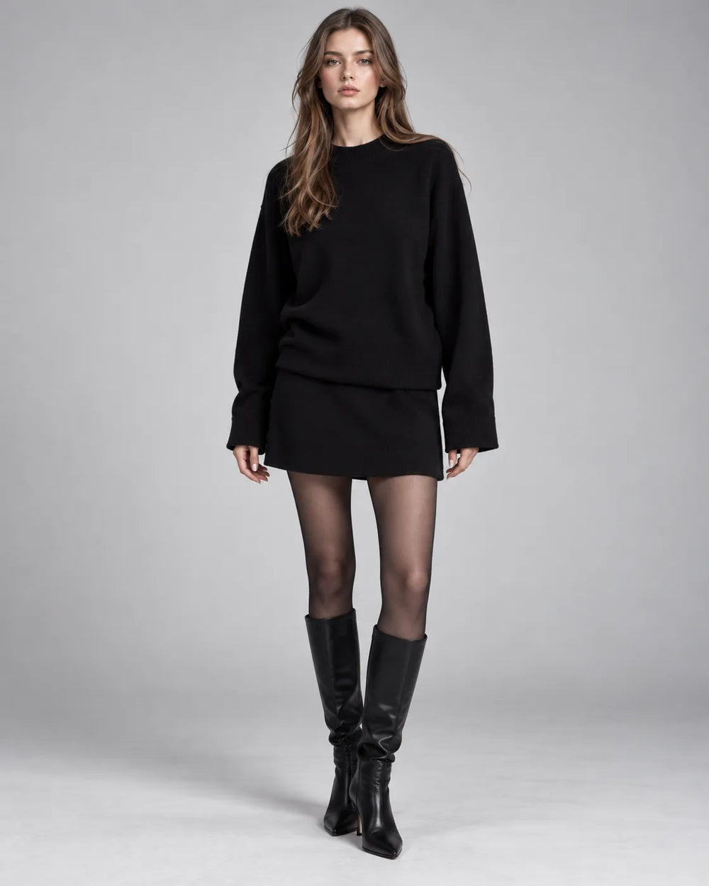 Ensemble pull oversize et jupe en maille Léna – Noir