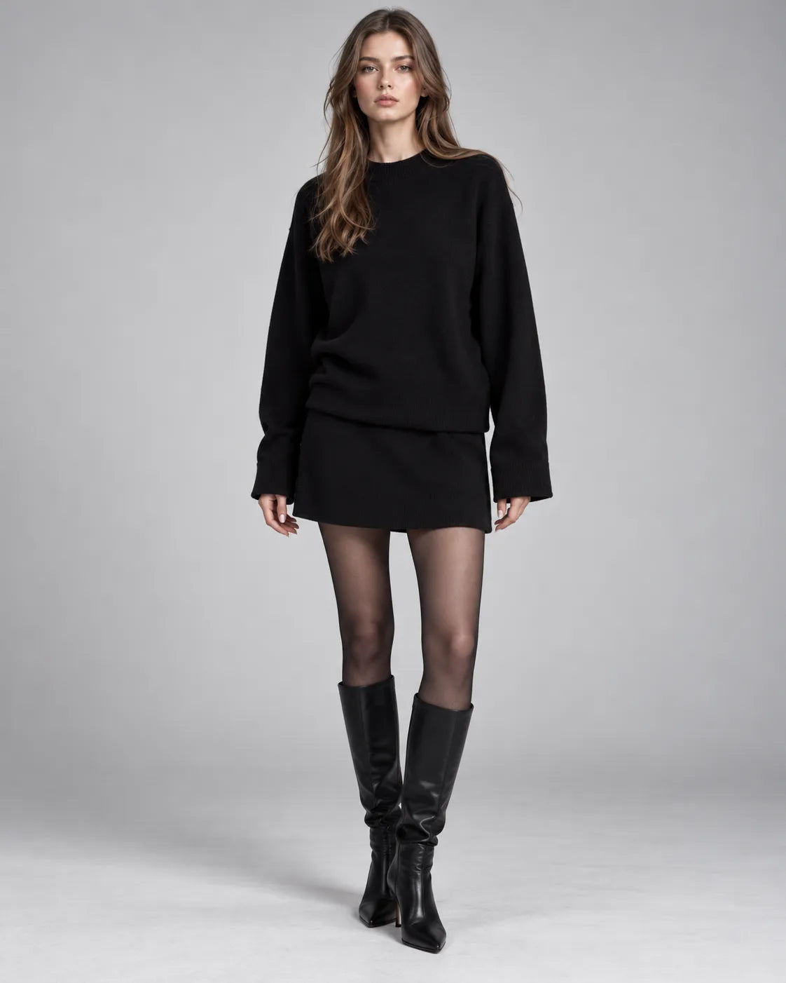 Ensemble pull oversize et jupe en maille Léna – Noir