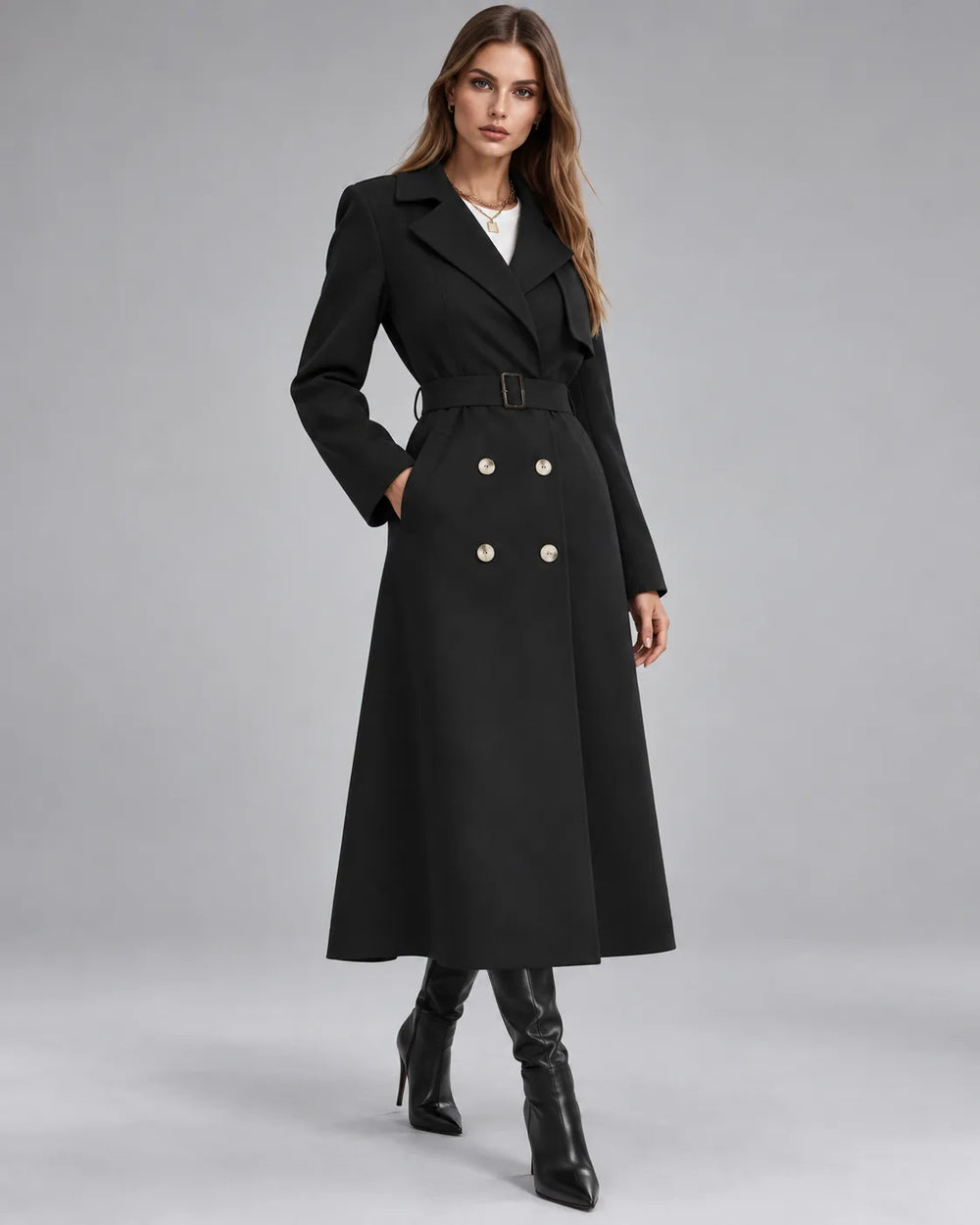Manteau long ceinturé Victoria – Noir