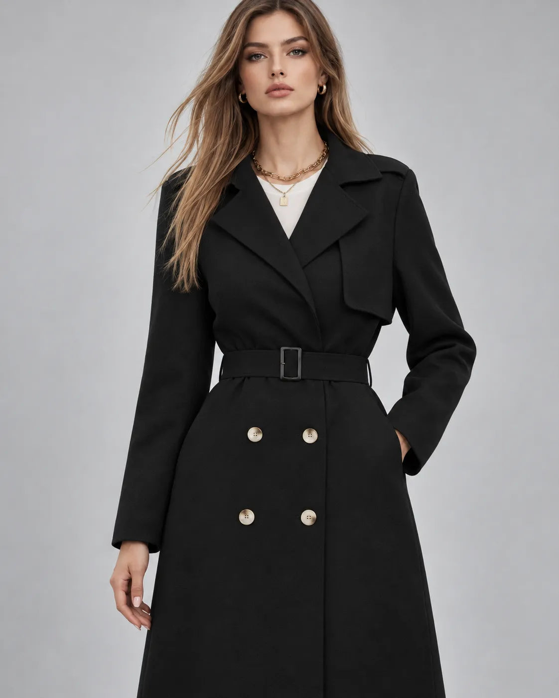 Manteau long ceinturé Victoria – Noir