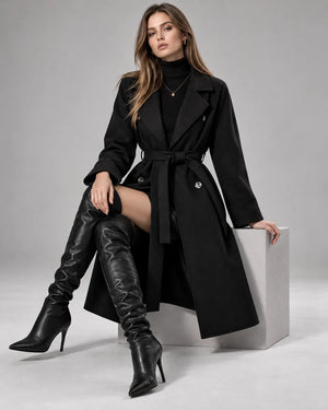 Manteau long ceinturé Victoria – Noir ceinture nouée
