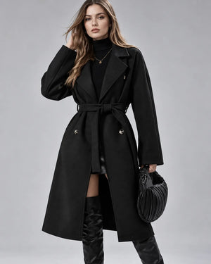 Manteau long ceinturé Victoria – Noir ceinture nouée