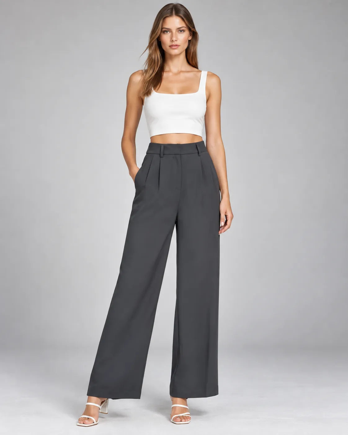 Pantalon large taille haute à pinces Victoria – Gris anthracite