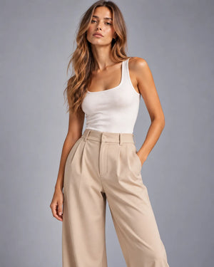 Pantalon large taille haute à pinces Victoria – Beige