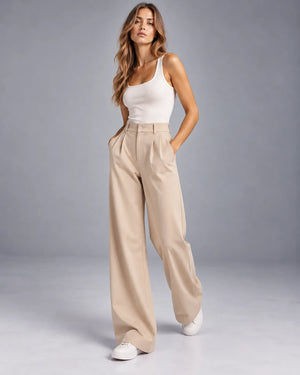 Pantalon large taille haute à pinces Victoria – Beige