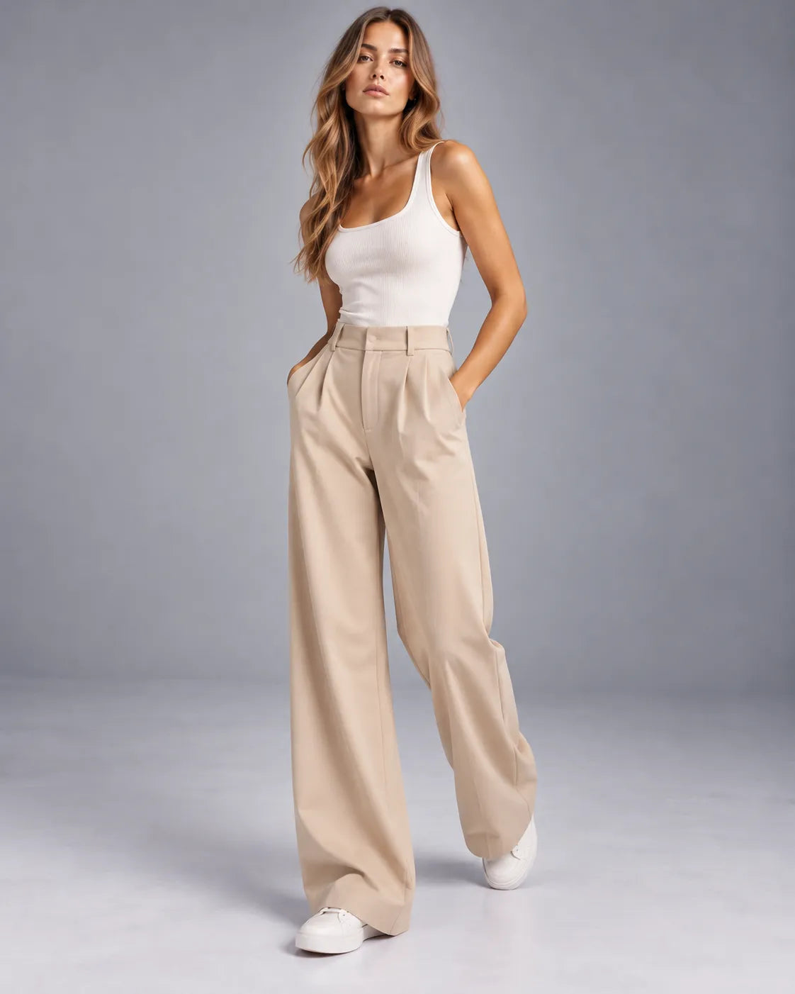Pantalon large taille haute à pinces Victoria – Beige