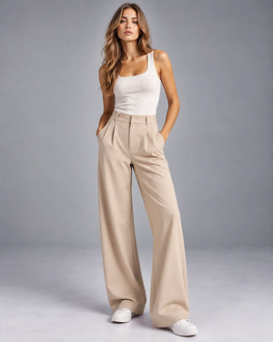 Pantalon large taille haute à pinces Victoria – Beige