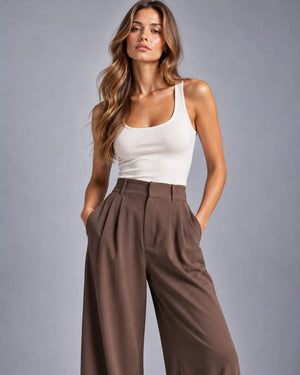 Pantalon large taille haute à pinces Victoria – Chocolat