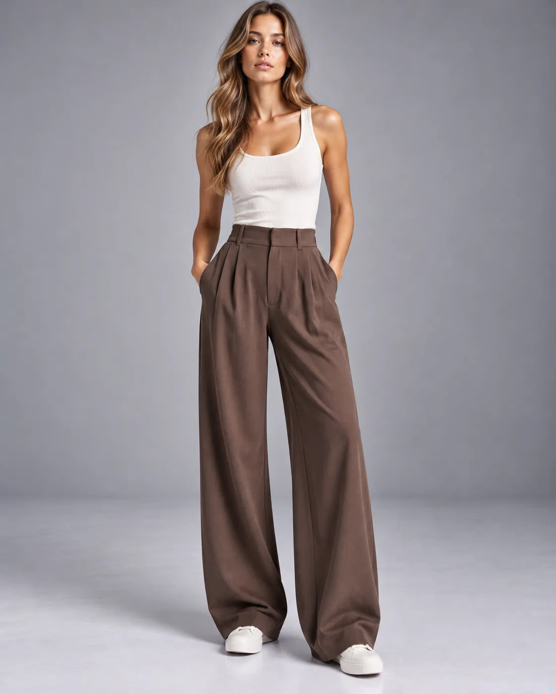 Pantalon large taille haute à pinces Victoria – Chocolat