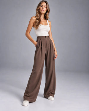 Pantalon large taille haute à pinces Victoria – Chocolat