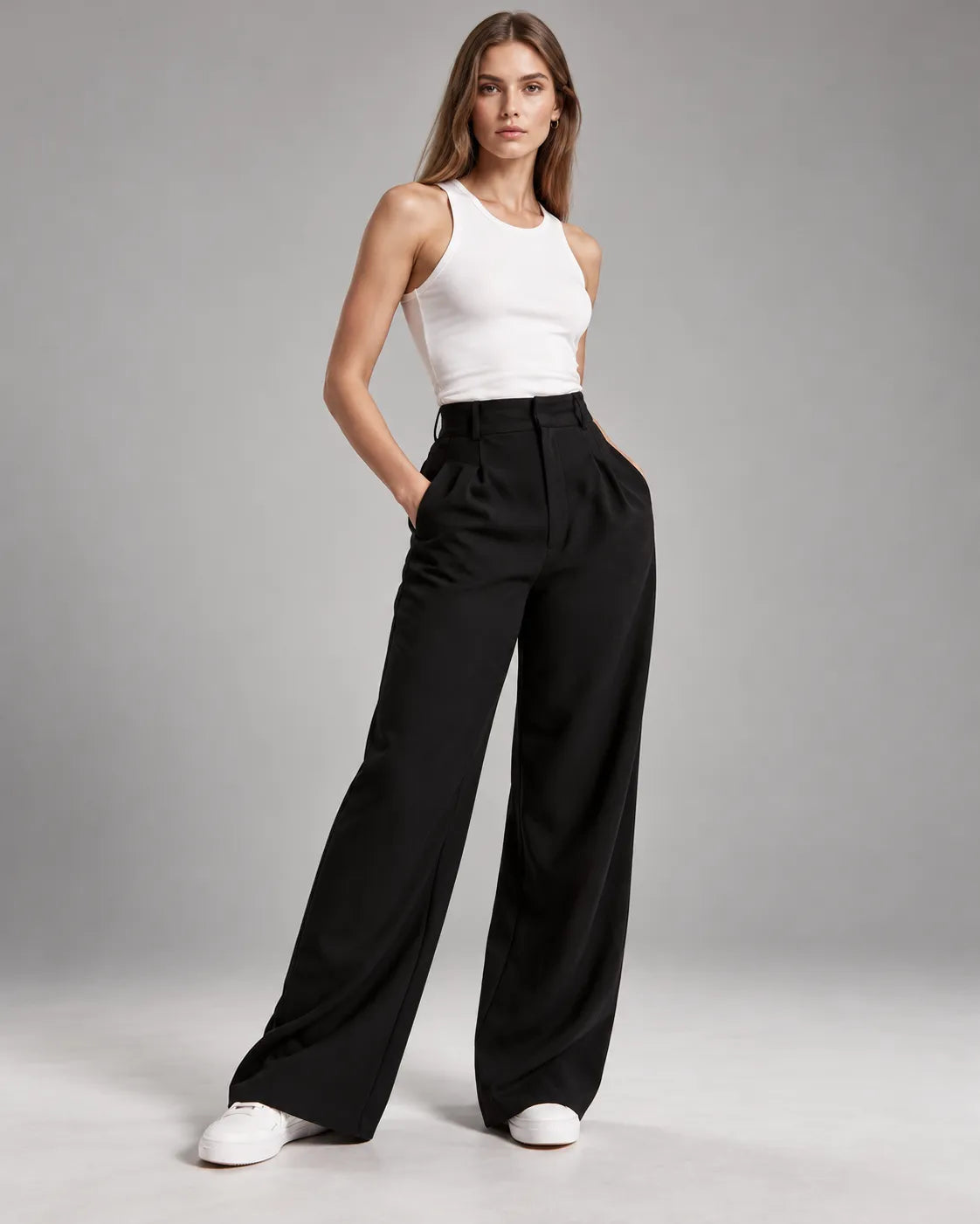 Pantalon large taille haute à pinces Victoria – Noir